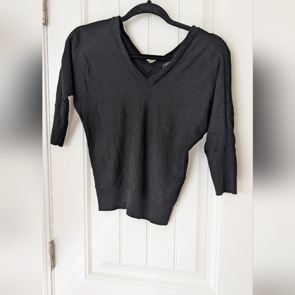 Black Merino Wool Double V Neck Short Sleeve Sweater‎ XS